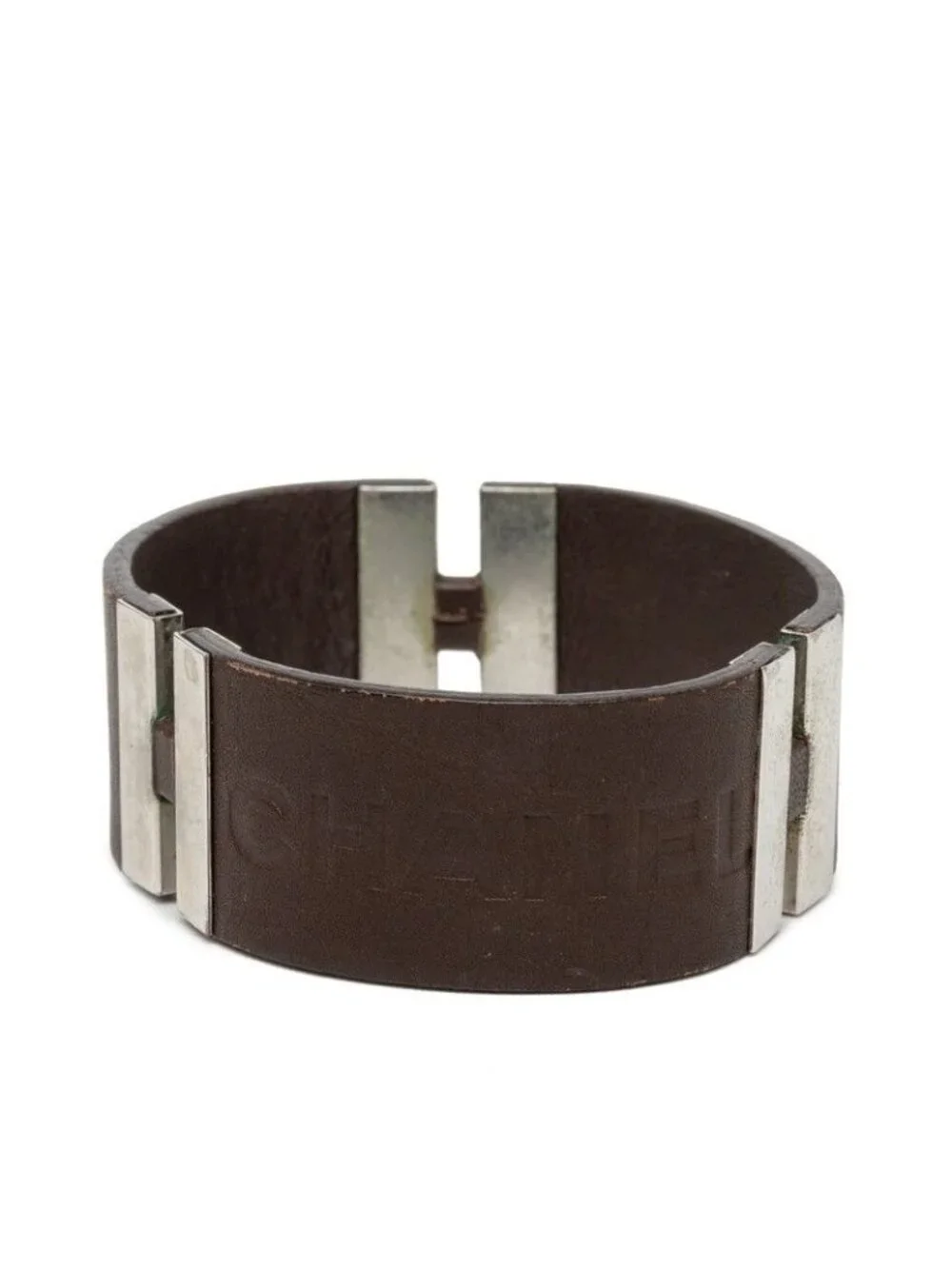 Chanel Logo Bracelet 00c Brown Silver Leather Metal